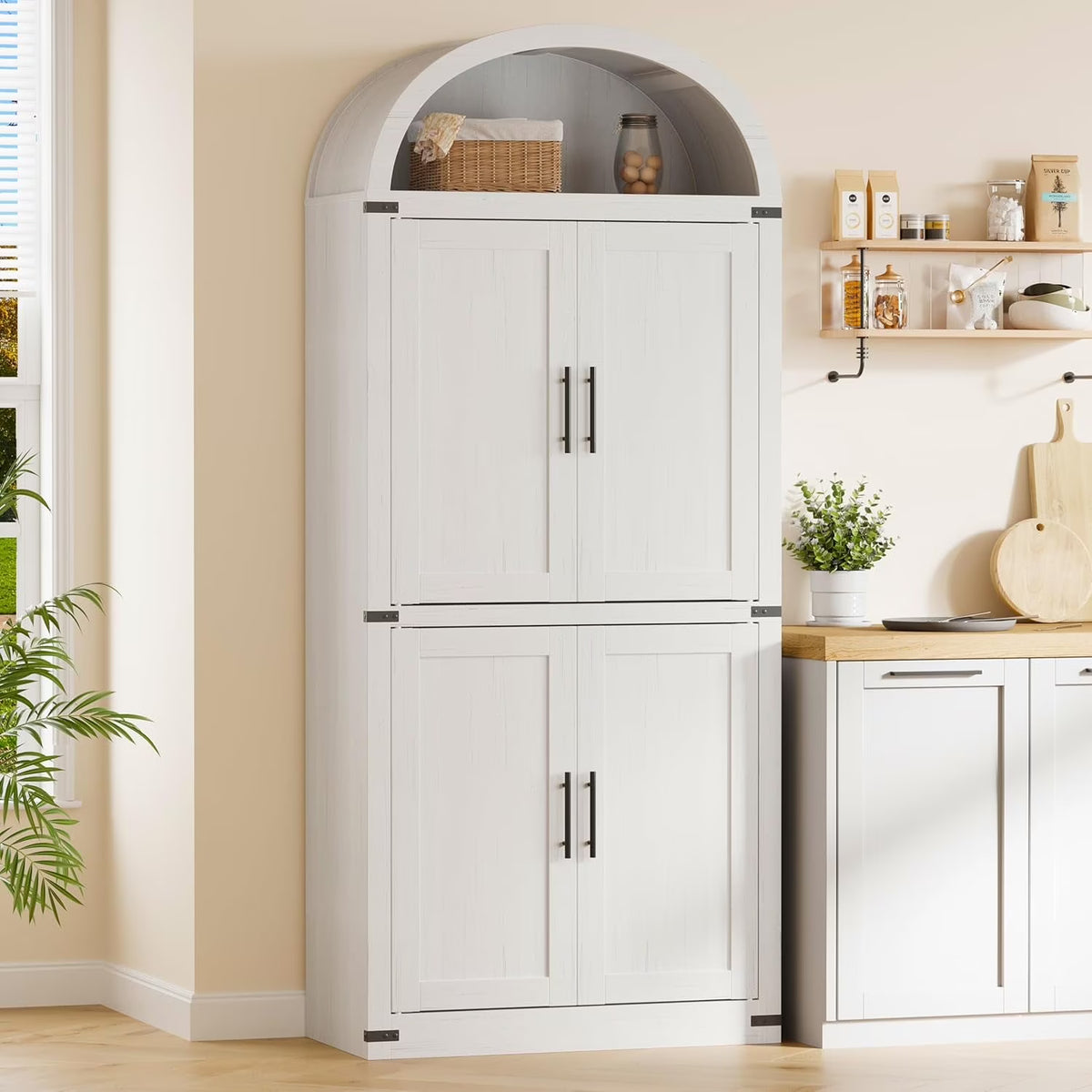 Armoire de rangement cintrée Garvee, garde-manger de cuisine de 71,6 de haut avec portes, bibliothèque de style maison de campagne à 5 niveaux, grande vitrine en bois pour cuisine, salle à manger, salon, blanc