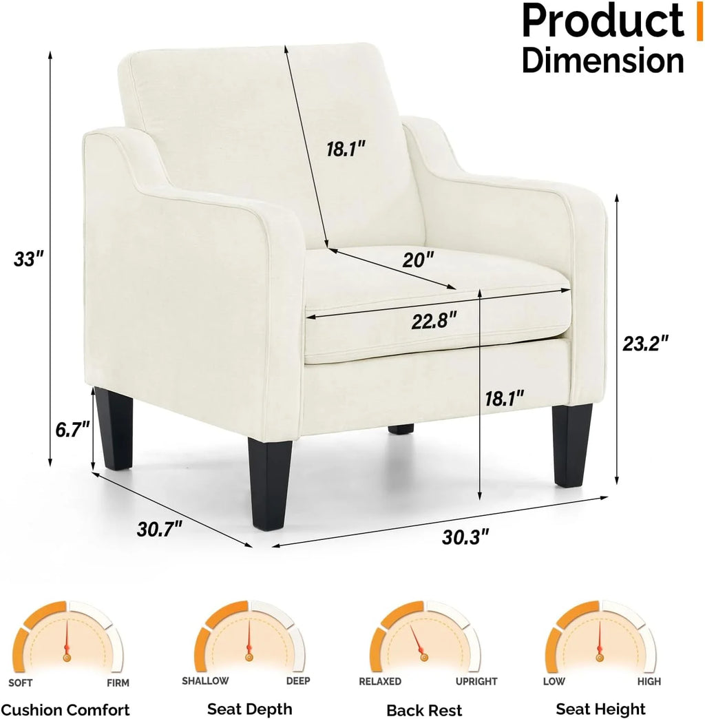 Fauteuil confortable en chenille VINGLI Mid-Century Modern, Blanc crème