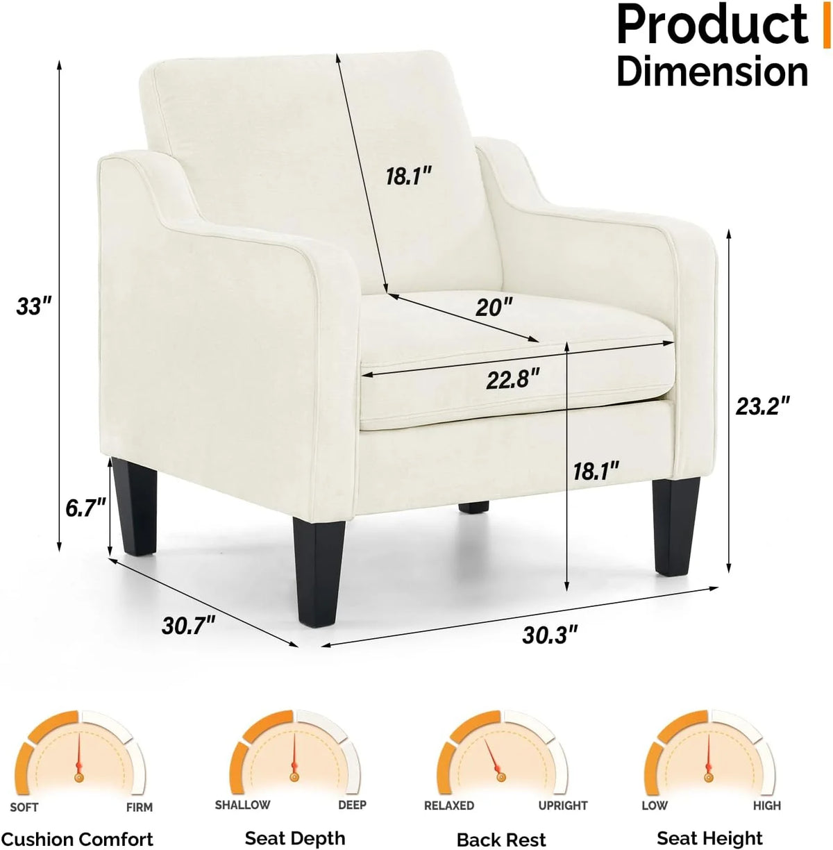 Fauteuil confortable en chenille VINGLI Mid-Century Modern, Blanc crème