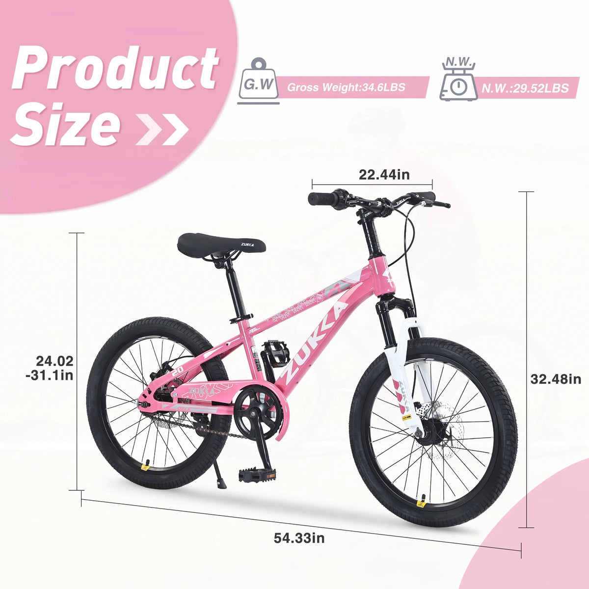 Vélo VTT pour enfant Zukka 20 pouces, cadre en acier, modèle hardtail, pour enfant de 7 à 10 ans, rose