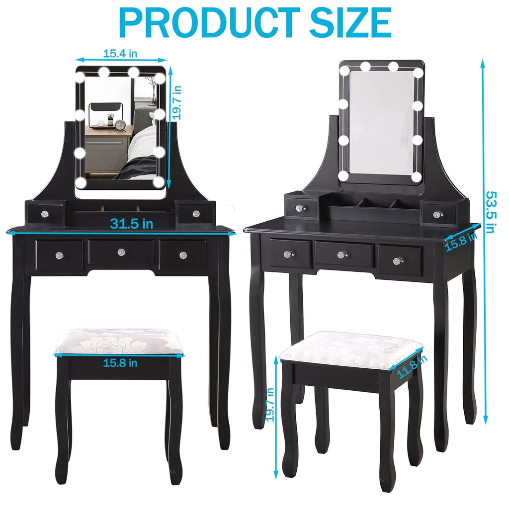 Coiffeuse de maquillage VEANERWOOD avec 10 lumières LED, coiffeuse avec miroir lumineux et tabouret rembourré, 5 tiroirs et 2 étagères, meuble de toilette pour chambre, luxueuse, noire