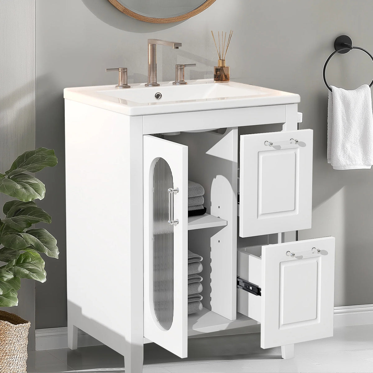 Meuble-lavabo Soges 24 avec vasque en céramique, meuble de toilette en bois massif avec porte, étagère réglable et 2 tiroirs, ensemble lavabo simple autoportant pour petite salle de bains, blanc
