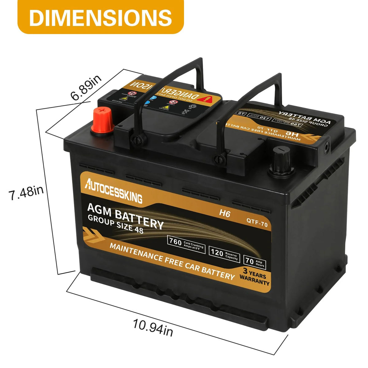 Batterie AGM Autocessking Platinum, batteries rechargeables automobiles groupe 47 pour voiture, 12V H5 680CCA 60Ah 100RC