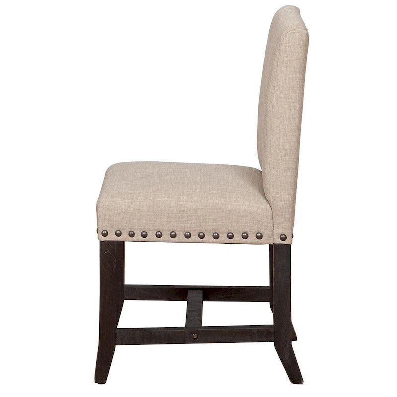Lot de 2 chaises d'appoint en bois revêtues de tissu avec garniture cloutée, beiges et noires