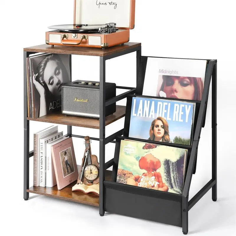 Meuble Rétro pour Platine Vinyle avec Étagères Ouvertes pour Rangement de Vinyles – Meuble TV pour Platine, 86 cm (L) x 75,5 cm (H)