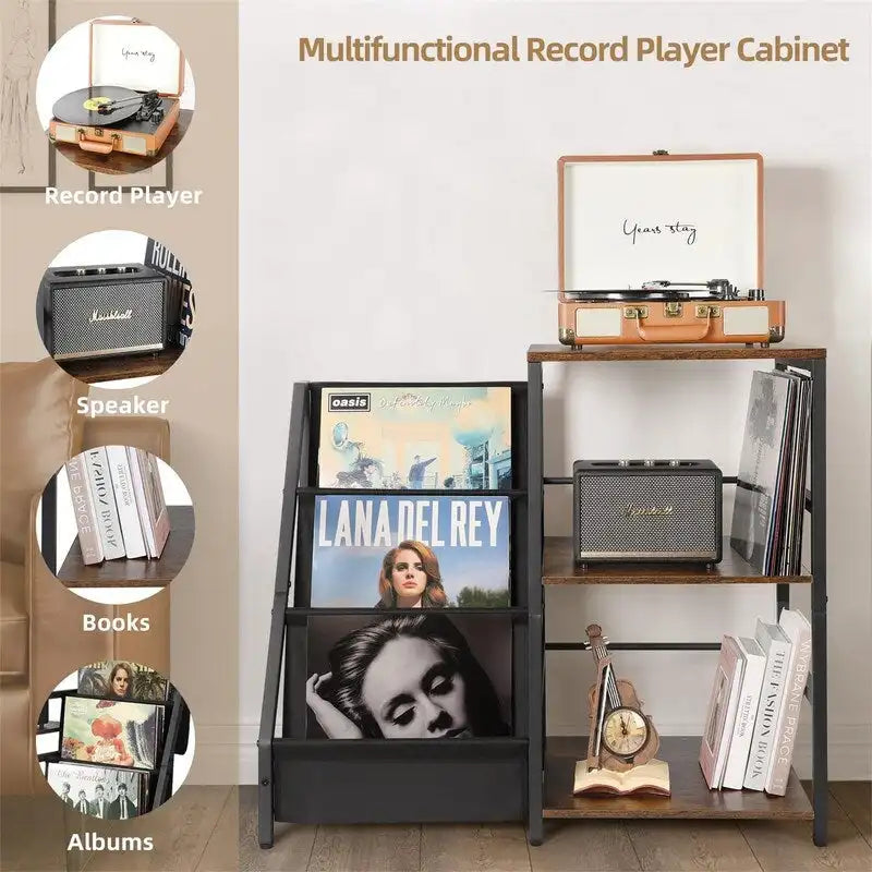 Meuble Rétro pour Platine Vinyle avec Étagères Ouvertes pour Rangement de Vinyles – Meuble TV pour Platine, 86 cm (L) x 75,5 cm (H)