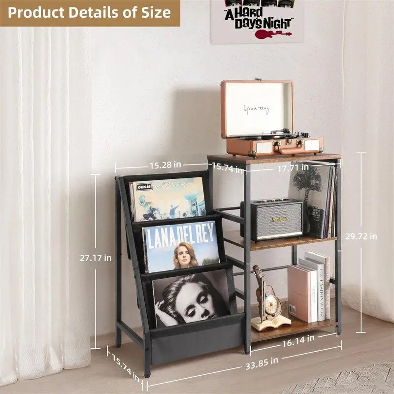 Meuble Rétro pour Platine Vinyle avec Étagères Ouvertes pour Rangement de Vinyles – Meuble TV pour Platine, 86 cm (L) x 75,5 cm (H)