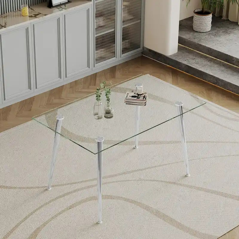 Table à manger en verre trempé de 0,32 po d'épaisseur avec pieds en acier inoxydable pour petits espaces, salle à manger