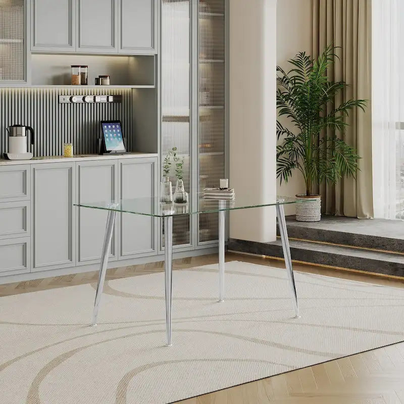 Table à manger en verre trempé de 0,32 po d'épaisseur avec pieds en acier inoxydable pour petits espaces, salle à manger