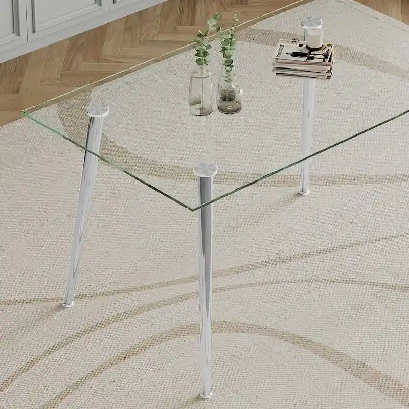 Table à manger en verre trempé de 0,32 po d'épaisseur avec pieds en acier inoxydable pour petits espaces, salle à manger