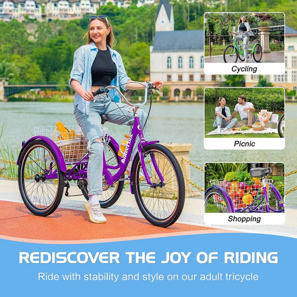 Tricycles pour adultes MOONCOOL avec panier arrière et pompe à pied, vélos à 3 roues 7 vitesses de 24 et 26 pouces, vélo à trois roues pour adultes avec dossier pour seniors, femmes et hommes