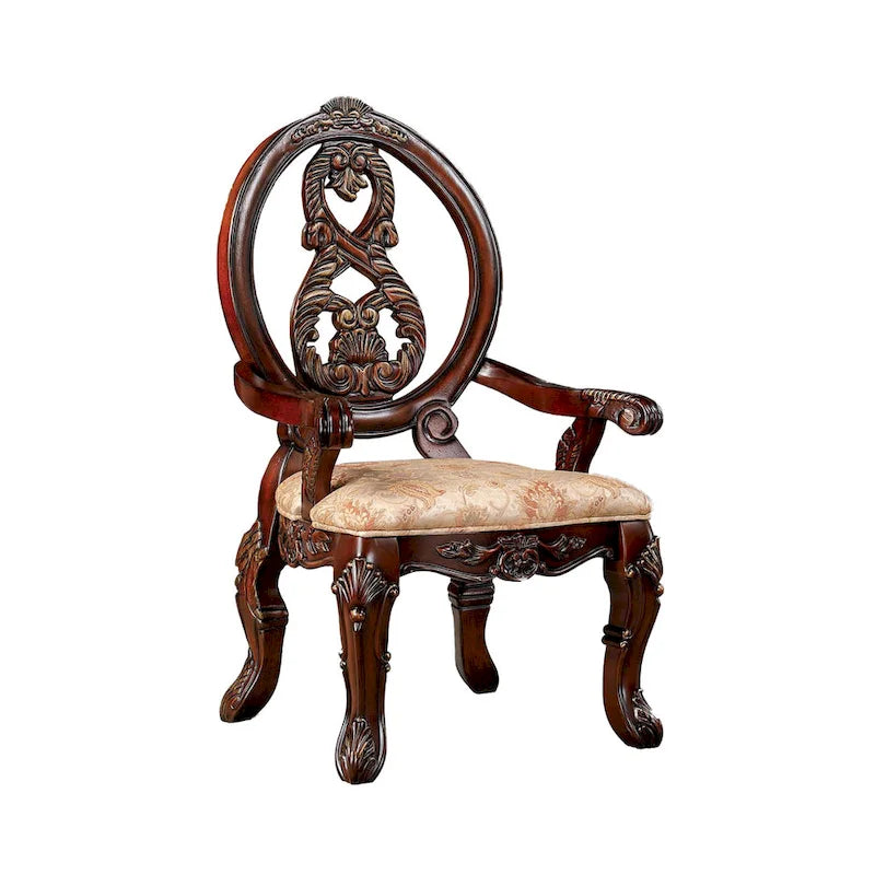 Lot de 2 chaises de salle à manger de 71 cm, dossier sculpté en bois marron, tissu beige