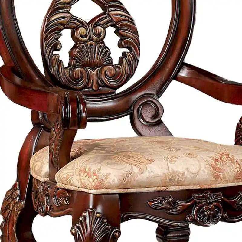 Lot de 2 chaises de salle à manger de 71 cm, dossier sculpté en bois marron, tissu beige