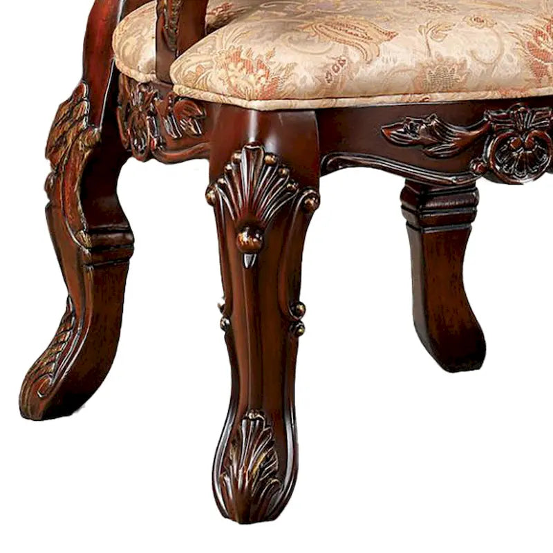 Lot de 2 chaises de salle à manger de 71 cm, dossier sculpté en bois marron, tissu beige