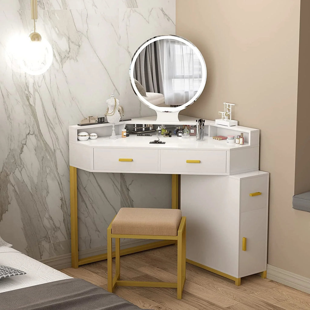 Coiffeuse d’angle avec miroir lumineux, table de maquillage avec tiroirs, meuble et tabouret rembourré, coiffeuse pour fille pour salle de bain ou chambre, blanche, par TZUTOGETHER