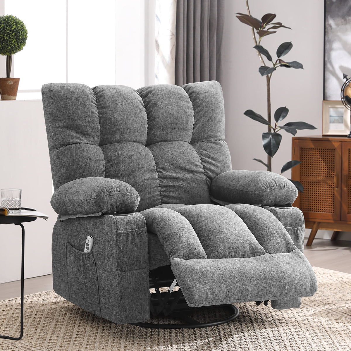 Fauteuil inclinable manuel JONPONY avec fonction de massage et de chauffage, mécanisme d’inclinaison robuste, fauteuil à bascule individuel pour personnes âgées avec porte-gobelets, pour chambre et salle de cinéma maison, gris