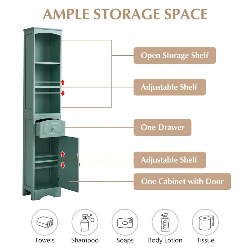 Meuble de rangement de salle de bain autoportant de 170 cm de haut avec portes et étagères réglables - 173 cm de haut