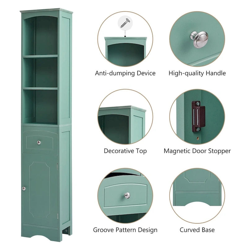 Meuble de rangement de salle de bain autoportant de 170 cm de haut avec portes et étagères réglables - 173 cm de haut