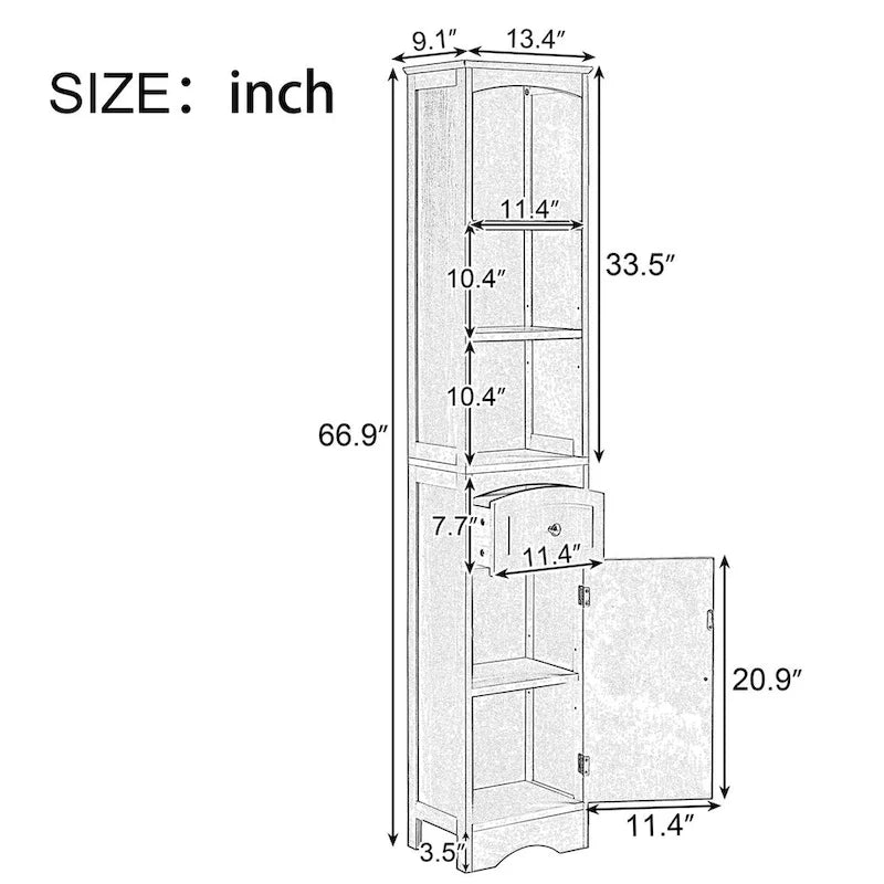Meuble de rangement de salle de bain autoportant de 170 cm de haut avec portes et étagères réglables - 173 cm de haut
