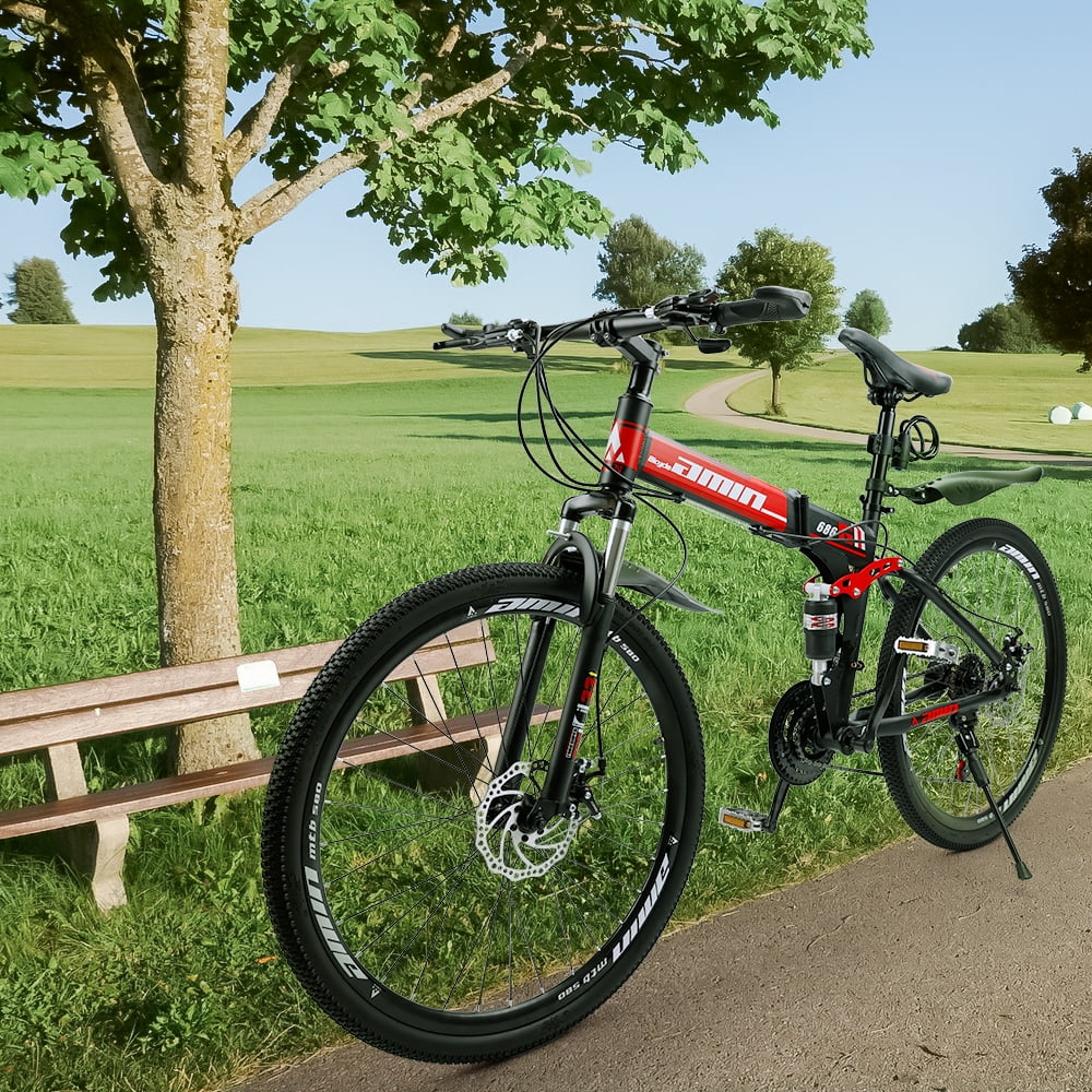 VTT pliant Artudatech 26 pouces Shimano 21 vitesses double frein à disque - Adulte - Rouge