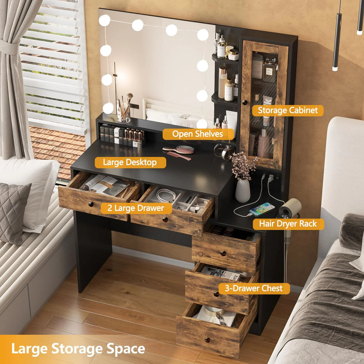 Coiffeuse VEANERWOOD avec miroir éclairé et bloc multiprise, table de maquillage moderne avec 5 tiroirs, blanc
