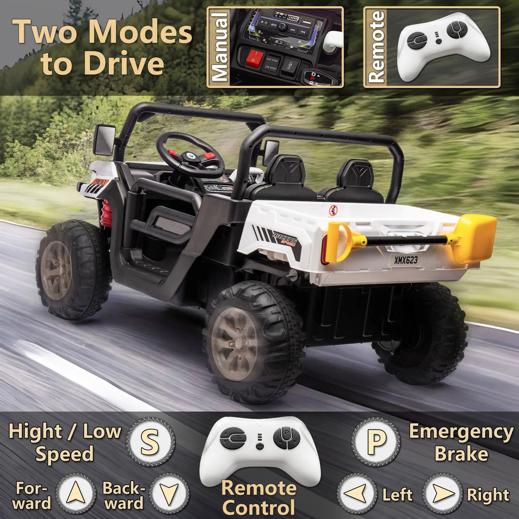 Xuanlur Voiture électrique pour enfants 24V 2 places, UTV avec moteur 2x200W, Jouet électrique 24 volts avec benne/pelle, Voiture électrique pour enfants avec pneus résistants, lumière LED, musique, télécommande, noire