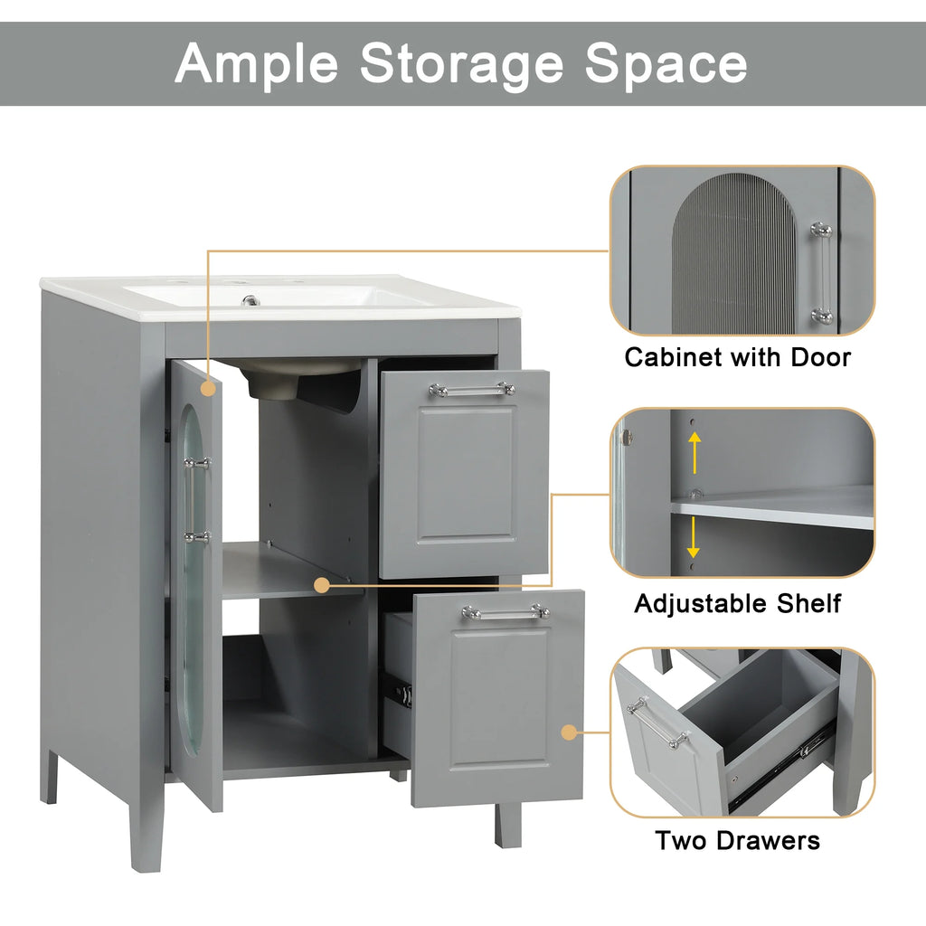Meuble-lavabo Soges 24 avec vasque en céramique, meuble de toilette en bois massif avec porte, étagère réglable et 2 tiroirs, ensemble lavabo simple autoportant pour petite salle de bains, blanc