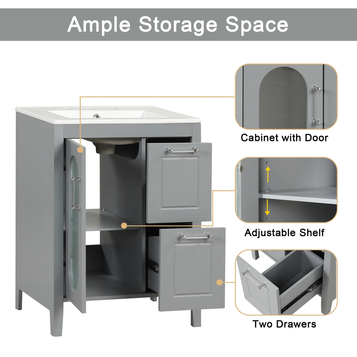 Meuble-lavabo Soges 24 avec vasque en céramique, meuble de toilette en bois massif avec porte, étagère réglable et 2 tiroirs, ensemble lavabo simple autoportant pour petite salle de bains, blanc