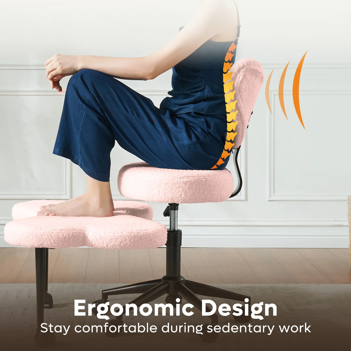 Chaise ergonomique pivotante pour position en tailleur Pinmoco, hauteur réglable et tissu bouclette, chaise de méditation et pour TDAH avec soutien dorsal, pour la maison et le bureau, blanc cassé