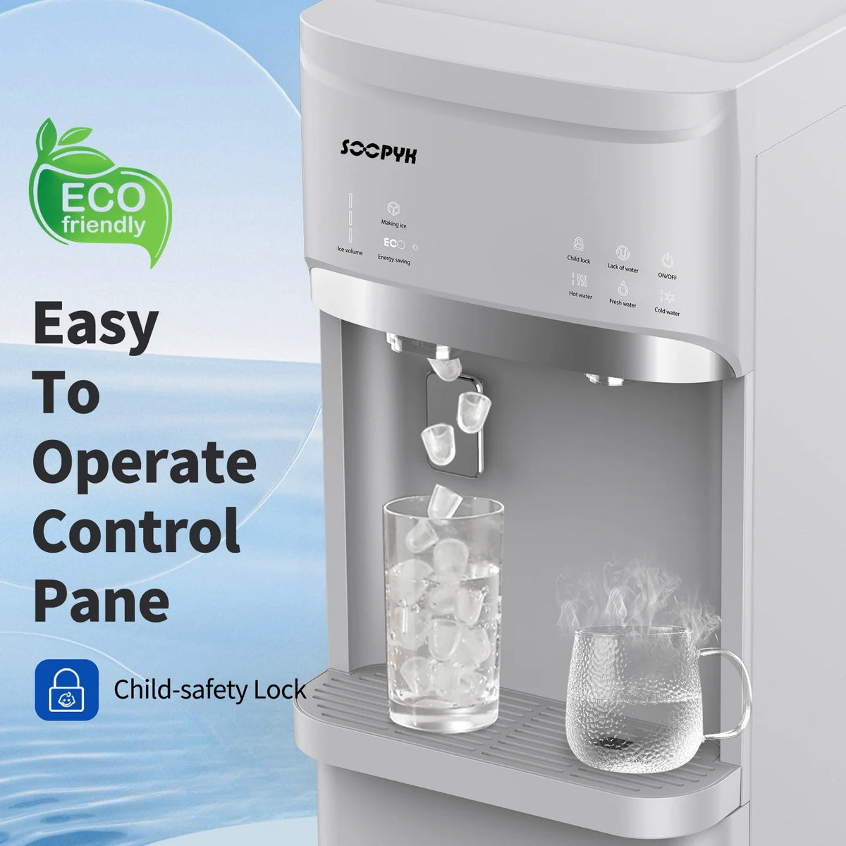 SOOPYK Distributeur d’eau chaude et froide 3-en-1 avec machine à glaçons à chargement inférieur pour bonbonne de 3 ou 5 gallons, capacité quotidienne de 22 lb, glaçons en forme de balle, noir