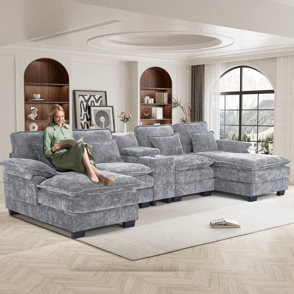 Canapé modulable en U Wiilayok Cloud Couch, méridienne double extra profonde de 124 cm en chenille duveteuse, console centrale avec ports USB-C et A doubles, gris tempête