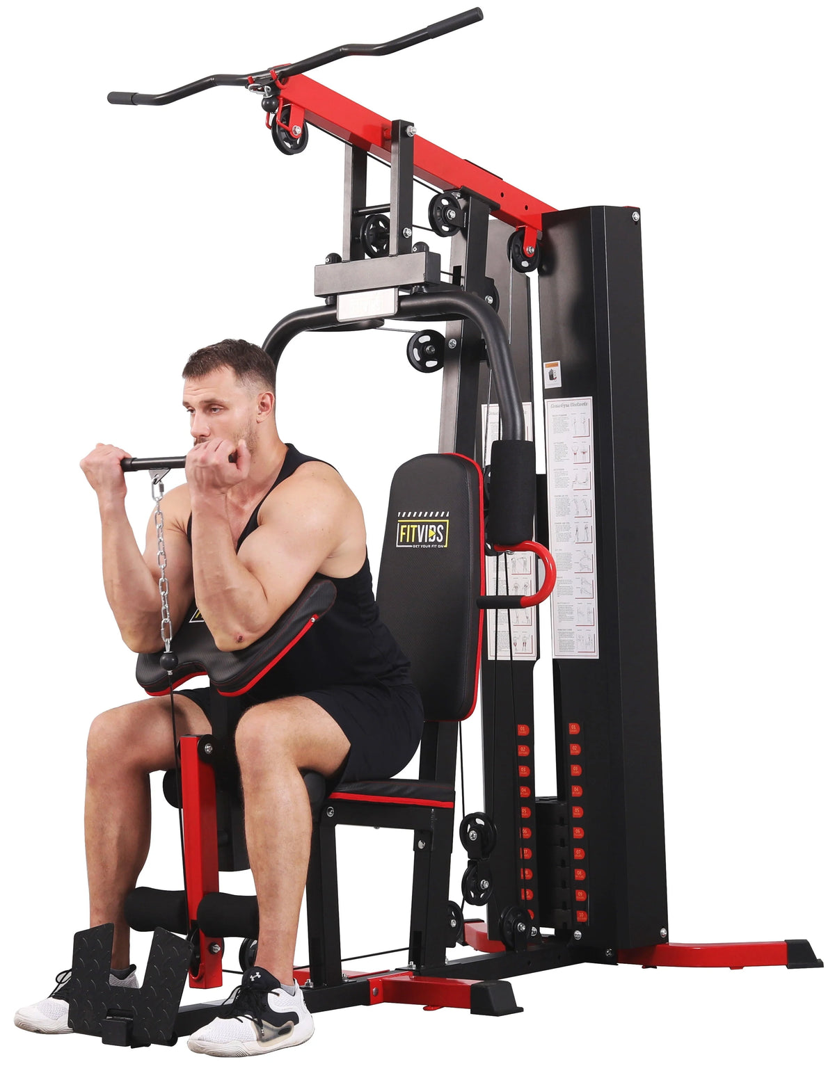 Système de musculation à domicile Fitvids LX750 avec 150 kg de résistance, colonne de poids de 55 kg, une station, livré avec une vidéo d’instructions d’installation, expédié en 5 colis