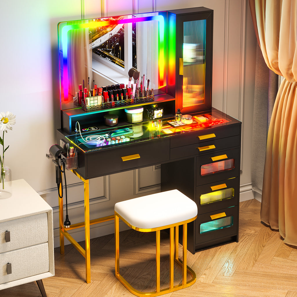 Coiffeuse HNEBC avec miroir et éclairage RGB, coiffeuse de maquillage avec plateau en verre, éclairage à détecteur automatique et charge sans fil, ensemble de coiffeuse avec tabouret rembourré, coiffeuse avec 6 tiroirs (blanc)