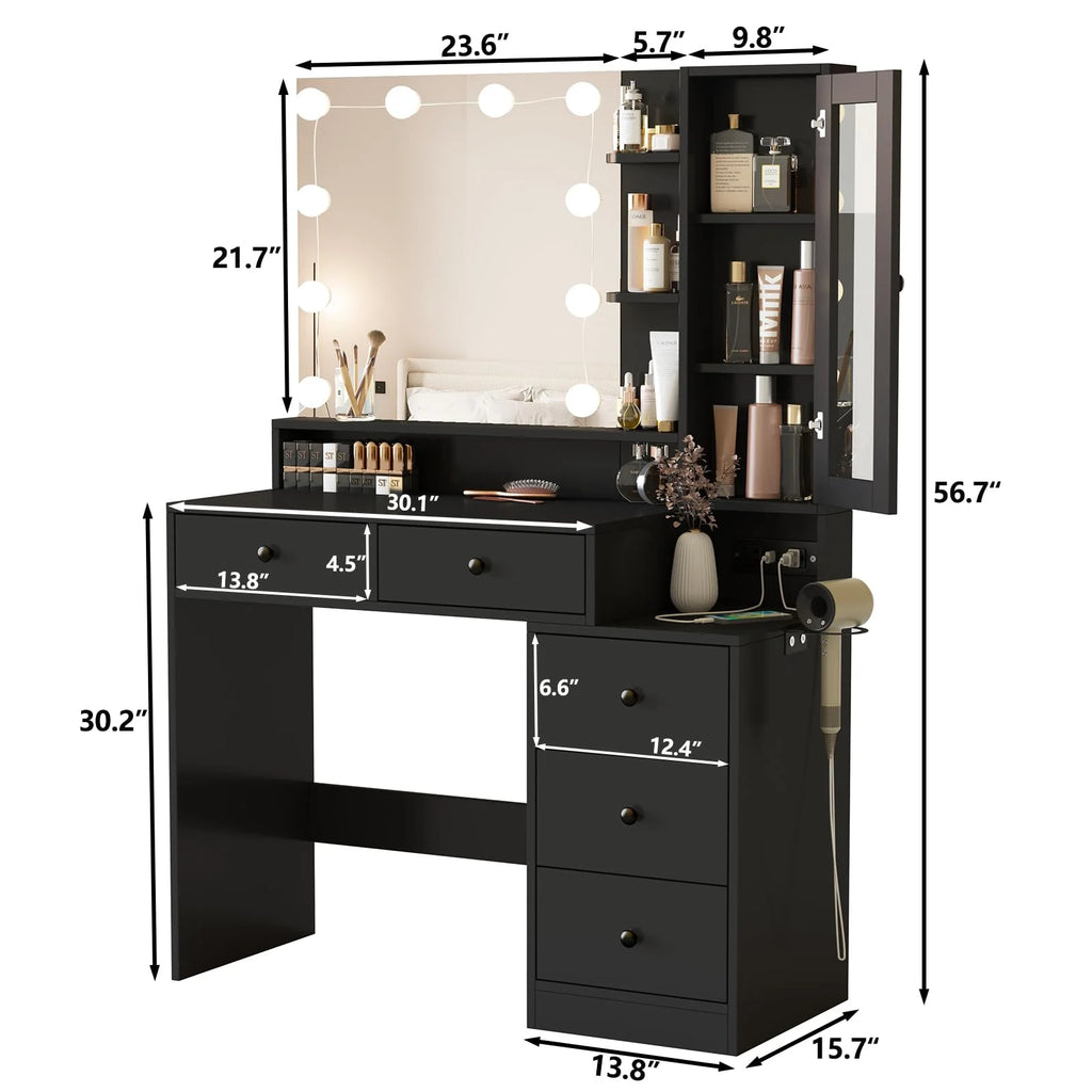 Coiffeuse VEANERWOOD avec miroir éclairé et bloc multiprise, table de maquillage moderne avec 5 tiroirs, blanc