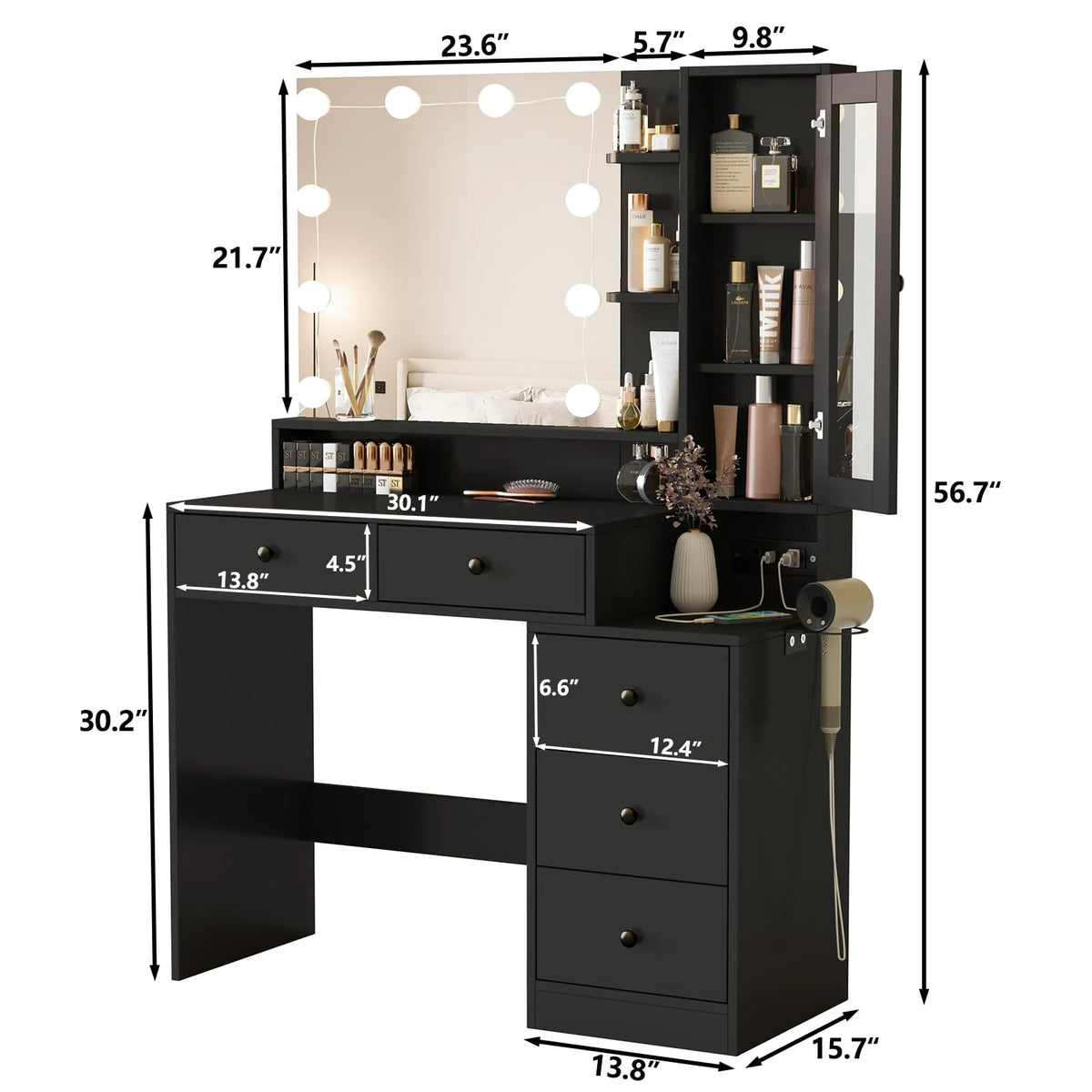 Coiffeuse VEANERWOOD avec miroir éclairé et bloc multiprise, table de maquillage moderne avec 5 tiroirs, blanc