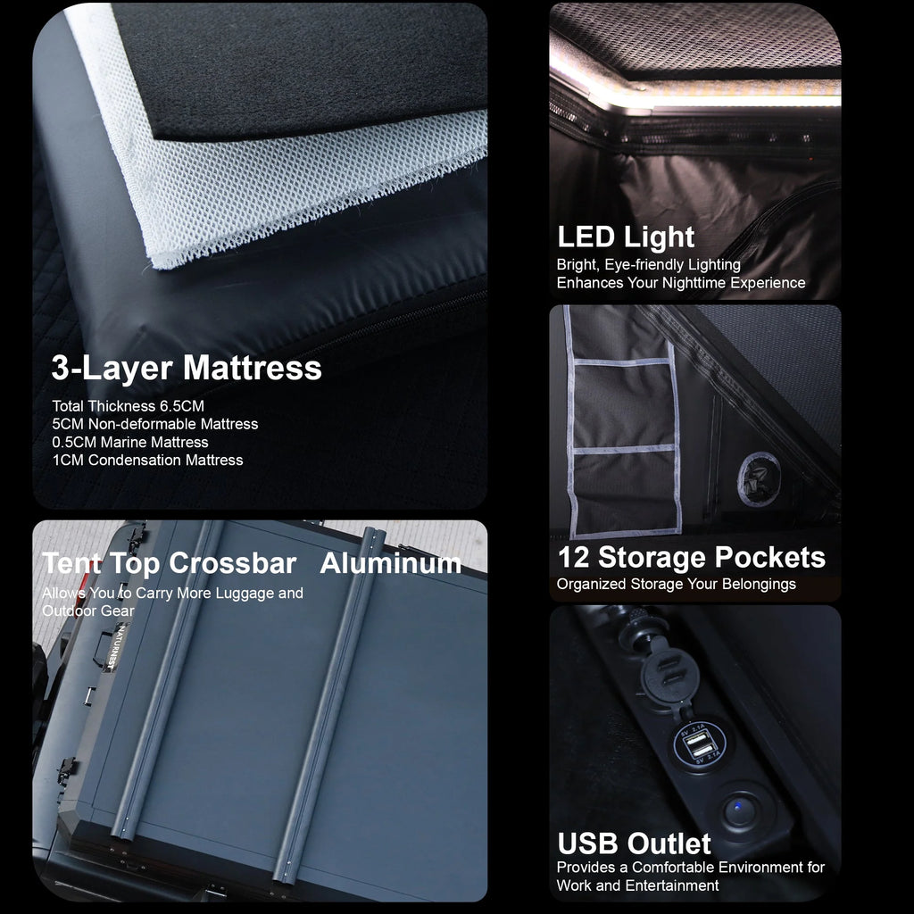Tente de toit rigide Naturnest Polaris2 avec 2 porte-bagages, tente de toit pour voiture avec entrées d’air conditionné, éclairage LED 3 couleurs et prise USB interne pour fourgonnettes, jeeps, SUV et camions, tente pour 2 à 3 personnes