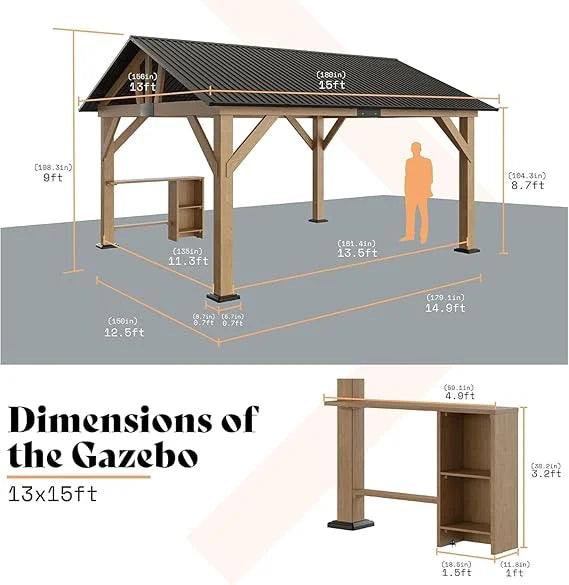 Jocisland Gazebo en bois 10x12 pi, Pergola à toit rigide avec charpente en acier pour jardin, porche, patio