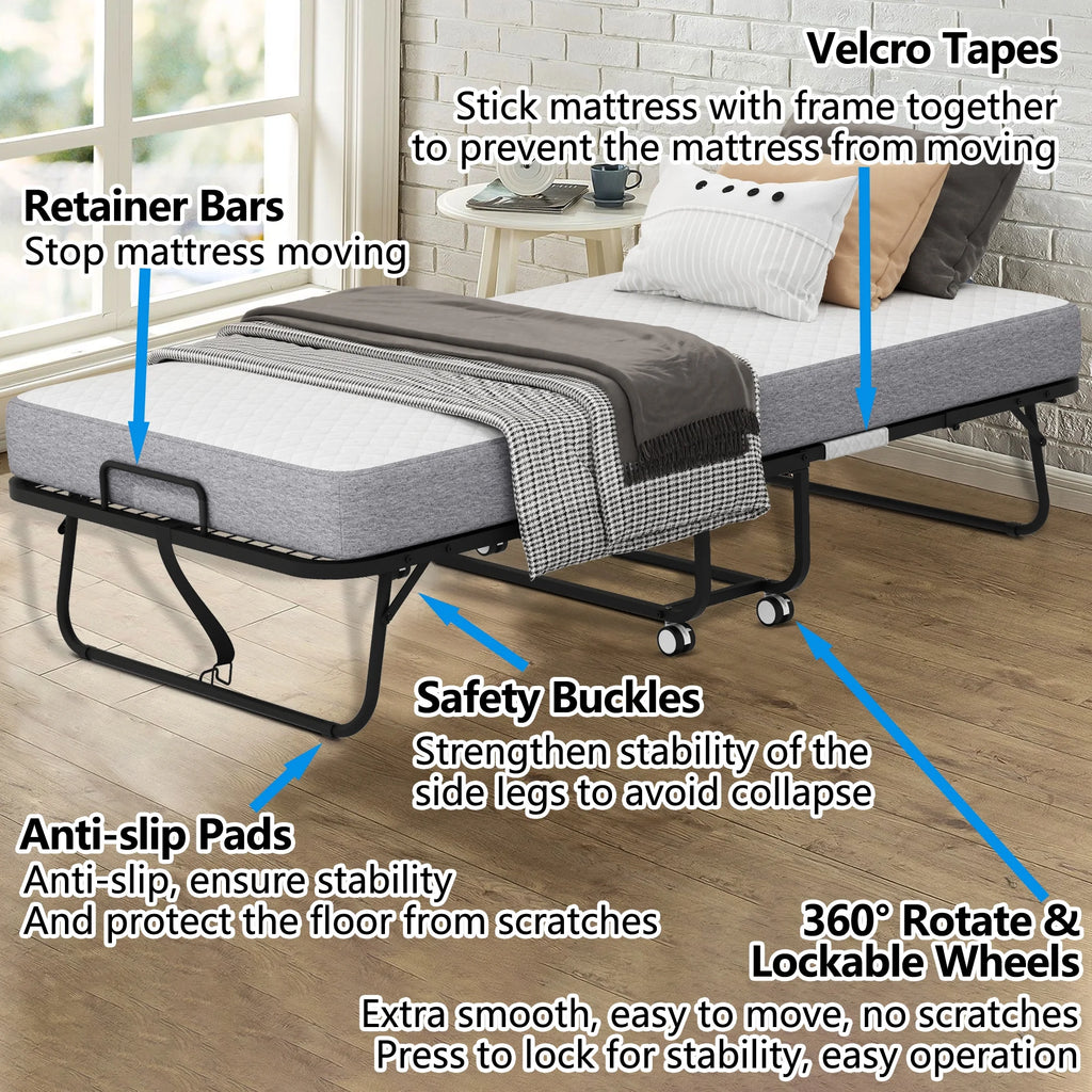 Lit pliant avec matelas 75 x 31 format lit de camp Lit plié, lit d'appoint sur roulettes portable et pliable lit supplémentaire pour adultes lit de repos avec matelas en mousse à mémoire de forme 5 cadre en grille métallique robuste peu encombrant
