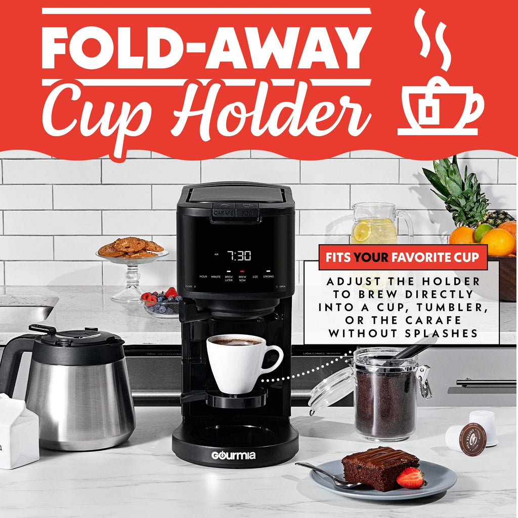 Machine à café 2-en-1 Gourmia, à dosettes individuelles + filtre 12 tasses, compatible K-Cup, noire