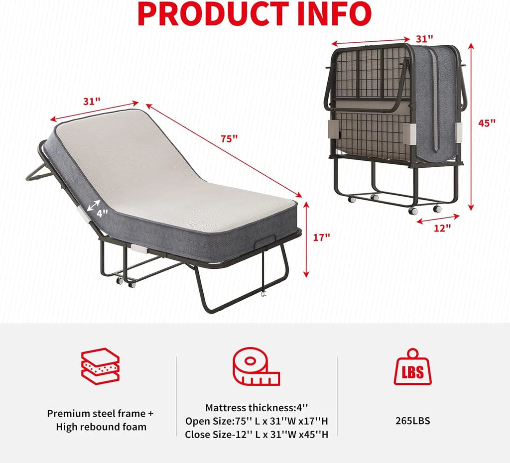 Lit pliant Puremind avec matelas en mousse de 10 cm, lit d’appoint 190 x 80 cm pour adultes, lit portable avec roulettes verrouillables, montage et déplacement faciles, standard