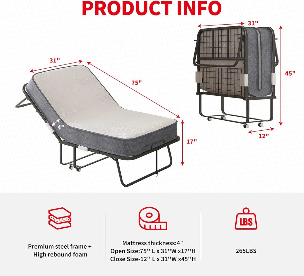 Lit pliant Puremind avec matelas en mousse de 10 cm, lit d’appoint 190 x 80 cm pour adultes, lit portable avec roulettes verrouillables, montage et déplacement faciles, standard