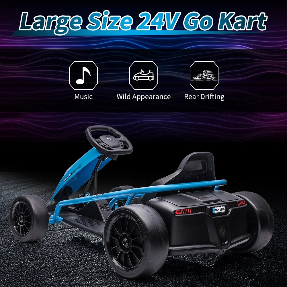 Kart Simzone pour enfants, batterie 24 V, 2 moteurs de 300 W, pédalage au pied, vitesse de 8 mi/h, voiture de dérapage à grande vitesse avec démarrage progressif, musique, pneus robustes et résistants, bleu