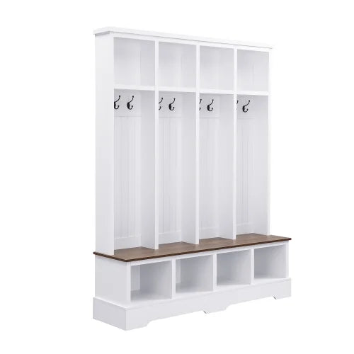 Vestiaire d’entrée style maison de campagne avec banc, meuble d’entrée de 150 cm de large avec 8 crochets et compartiments de rangement, porte-manteau moderne et banc à chaussures pour entrée, blanc