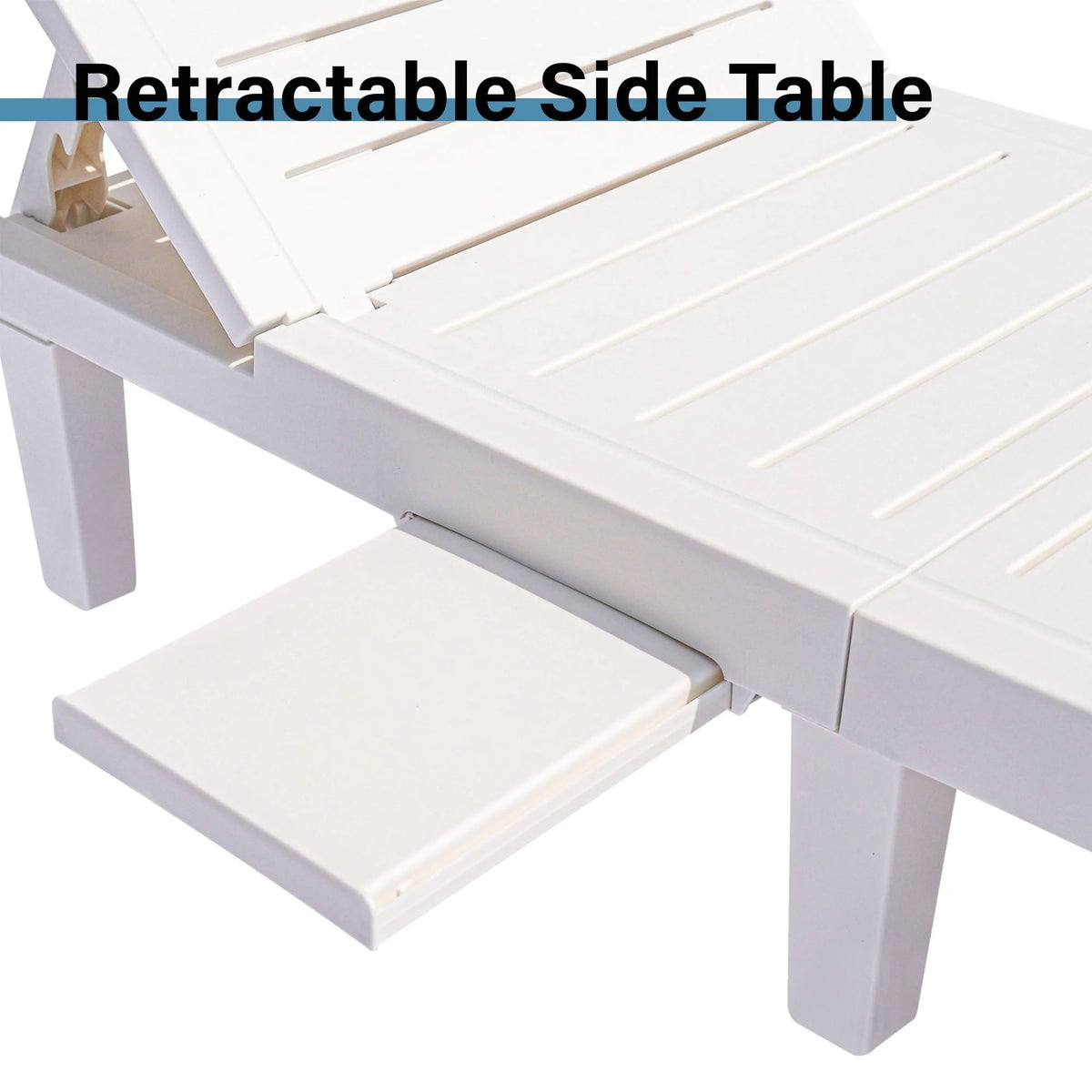 Lot de 2 fauteuils de jardin, chaise longue réglable avec table d’appoint, fauteuil inclinable d’extérieur pour bord de piscine, terrasse et jardin, design effet bois | Imperméable | Facile à monter | Poids max. 330 lb Blanc