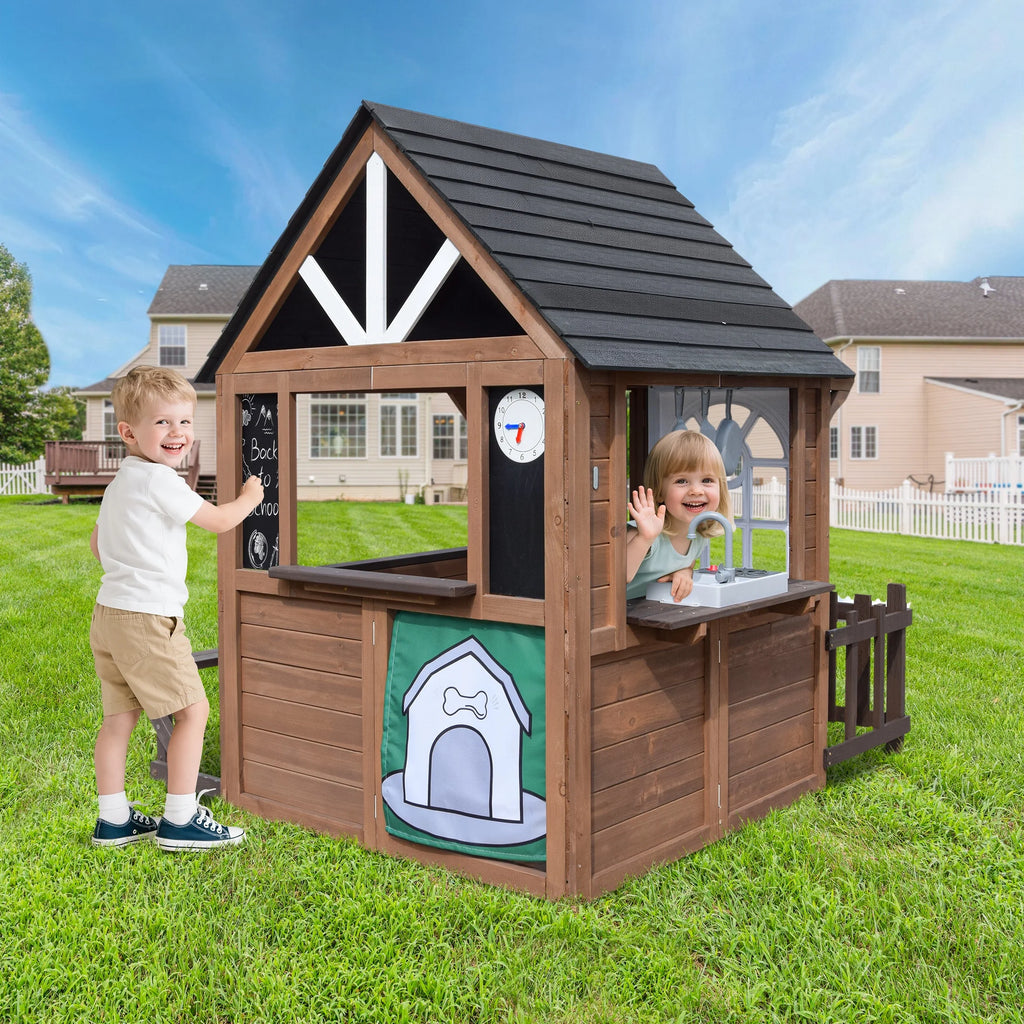 COCLUB Maison de jeu d’extérieur, Maison de jeu en bois pour enfants et tout-petits, Grande maison de jeu avec banc/Clôture/Cuisine/Plaque nominative/Téléphone factice, Jouet d’extérieur cadeau pour filles et garçons à partir de 3 ans, (62,99 l × 67,32 L)