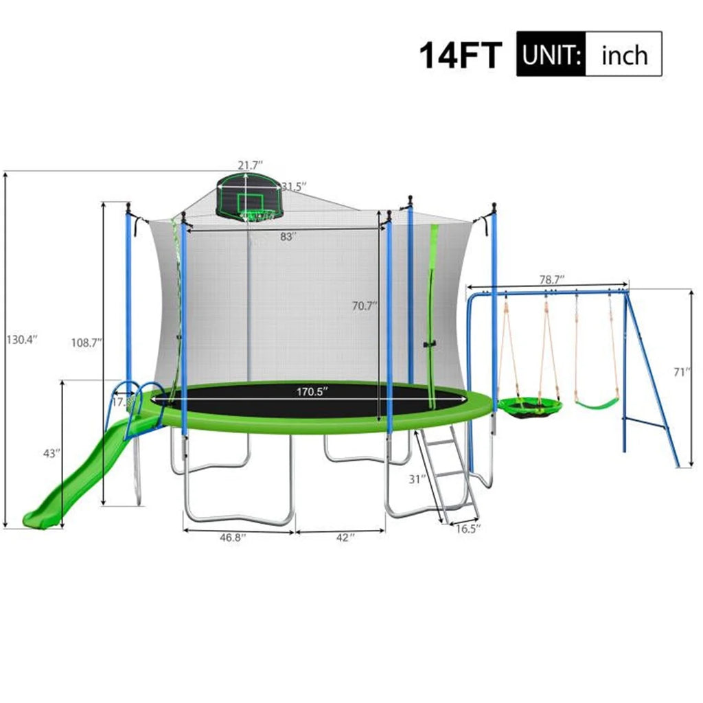 Trampoline de 12 pieds pour enfants et adultes, trampoline de loisir avec toboggan, balançoire, panier de basket et filet de protection, capacité de 600 lb pour 4 à 5 enfants