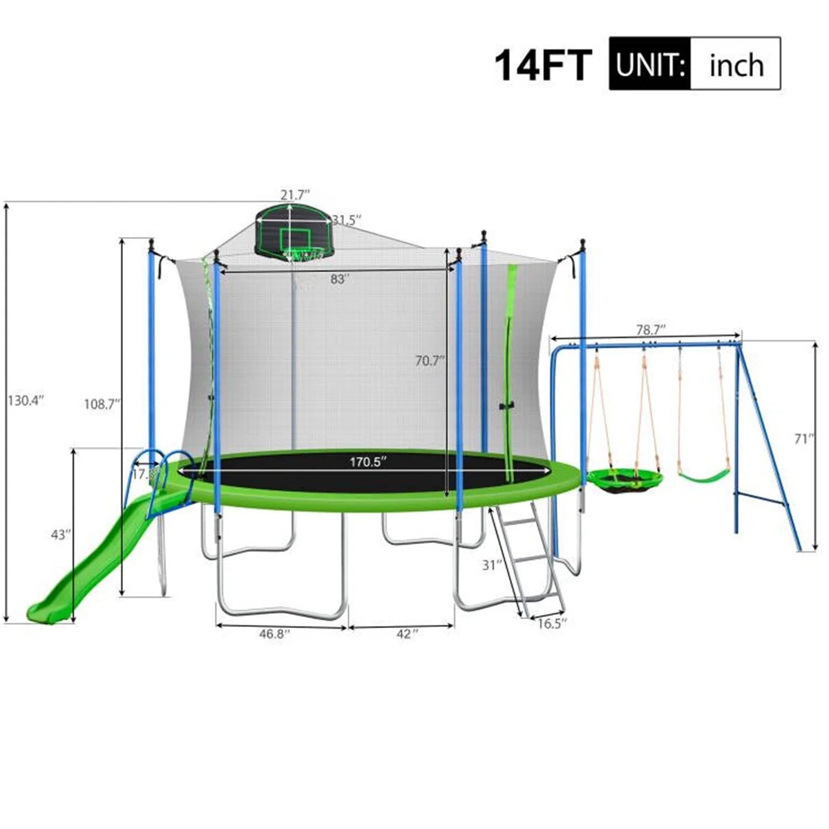 Trampoline de 12 pieds pour enfants et adultes, trampoline de loisir avec toboggan, balançoire, panier de basket et filet de protection, capacité de 600 lb pour 4 à 5 enfants