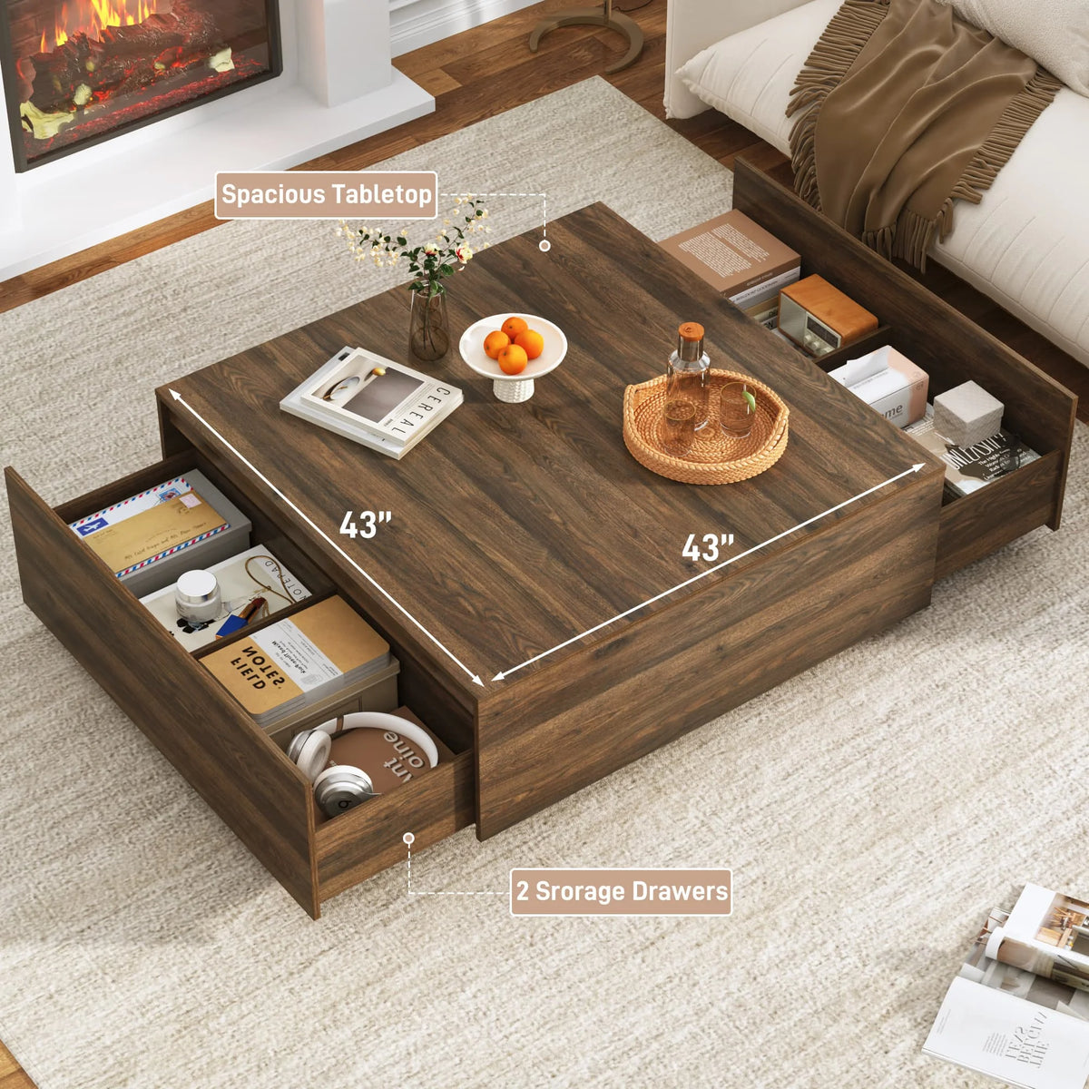 Table basse carrée Blotout avec 2 grands tiroirs, table basse Mid-Century Modern de 43 avec rangement, table basse en bois, table de salon avec rangement, grain de bois
