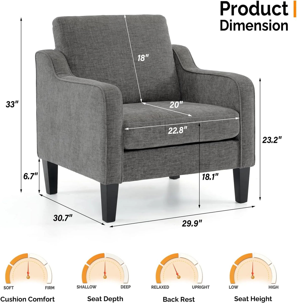 Fauteuil confortable en chenille VINGLI Mid-Century Modern, Blanc crème