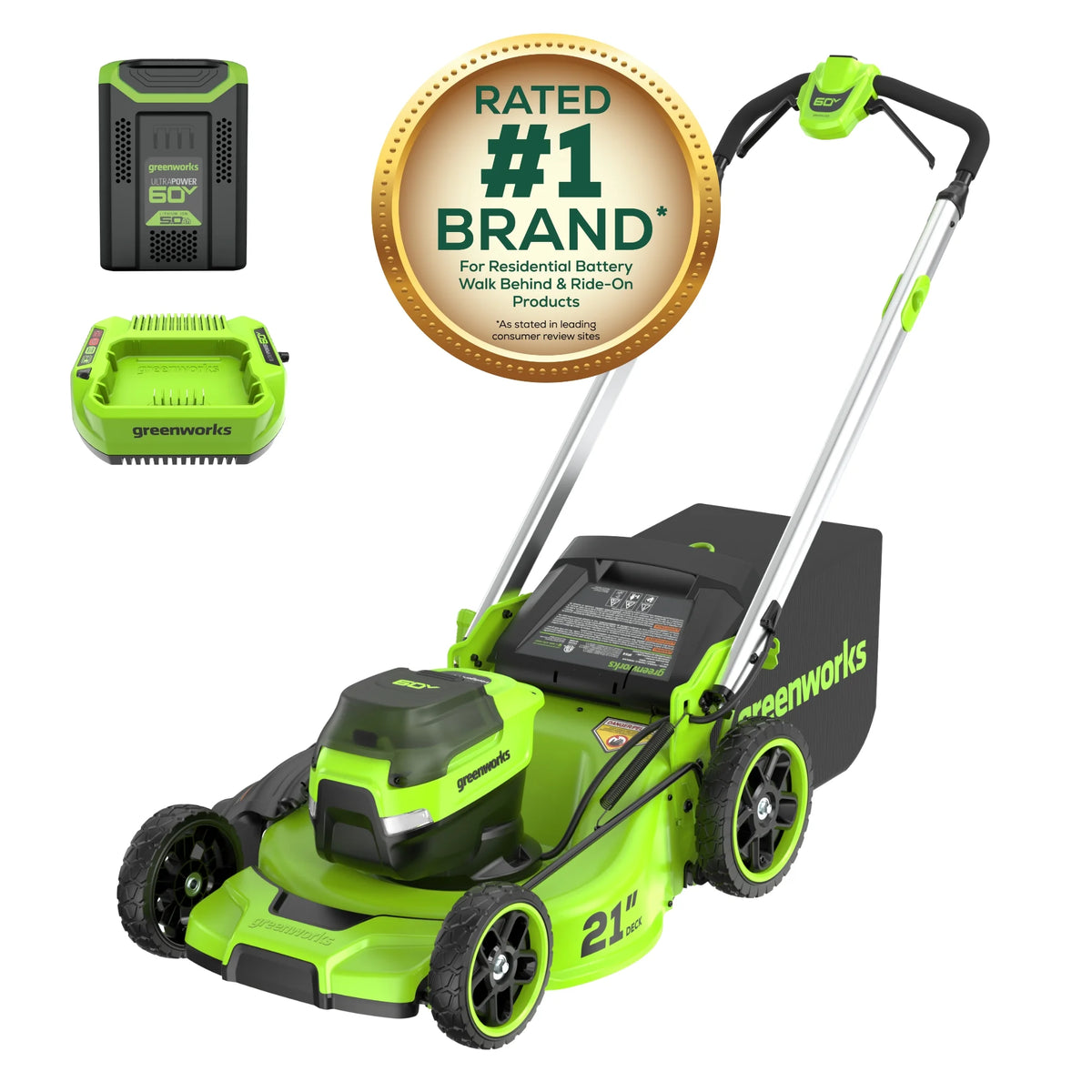 Tondeuse à gazon autotractée Greenworks 60V 21 + (1) batterie 5,0 Ah et chargeur 2546502
